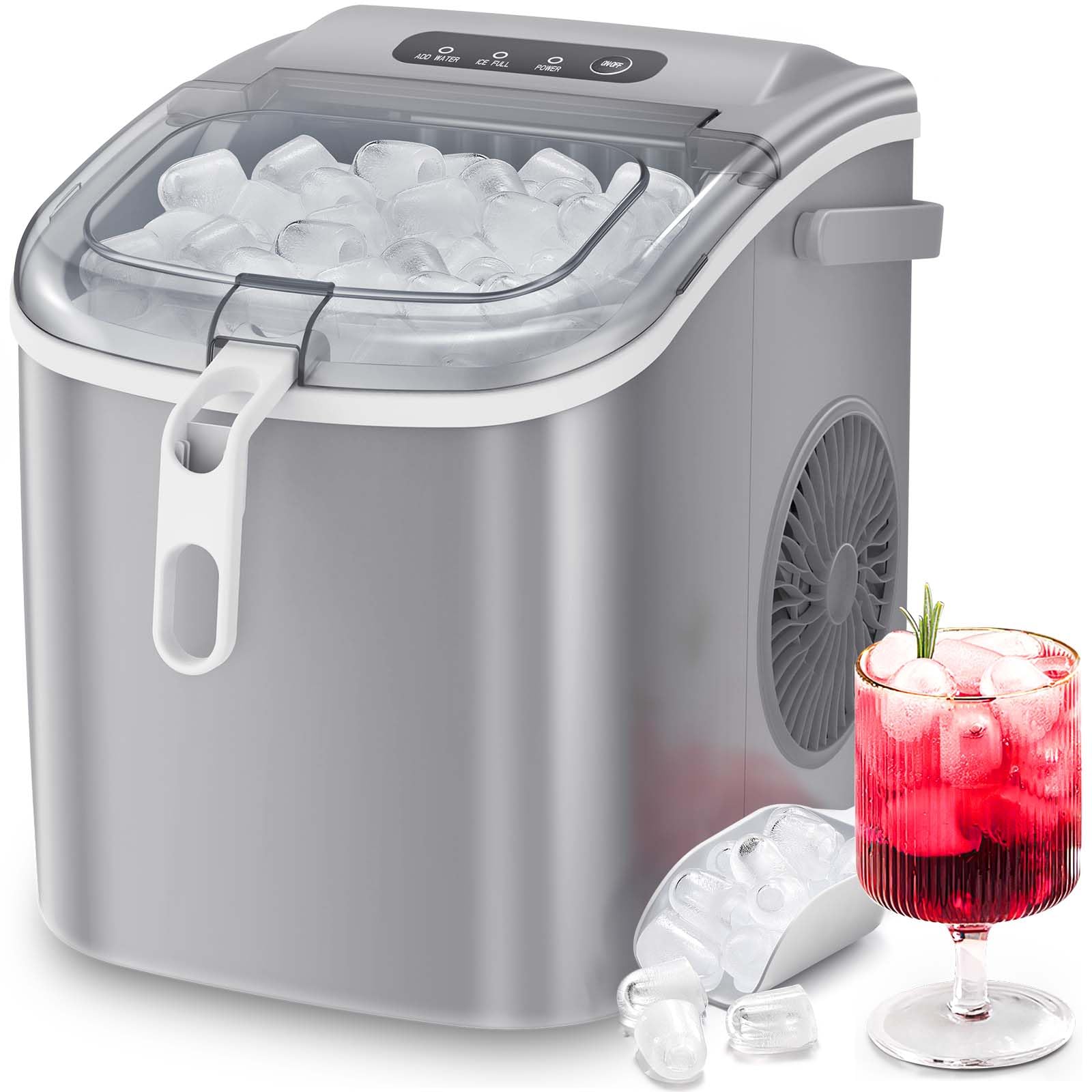 ZAFRO Ice Maker Countertop, Portable Ice Machine with Carry Handle, Self-Cleaning Ice Makers with Basket and Scoop, 9 Cubes in 6 Mins, 26 lbs Per Day, Suitable for Kitchen, Camping, Party (Grey)
