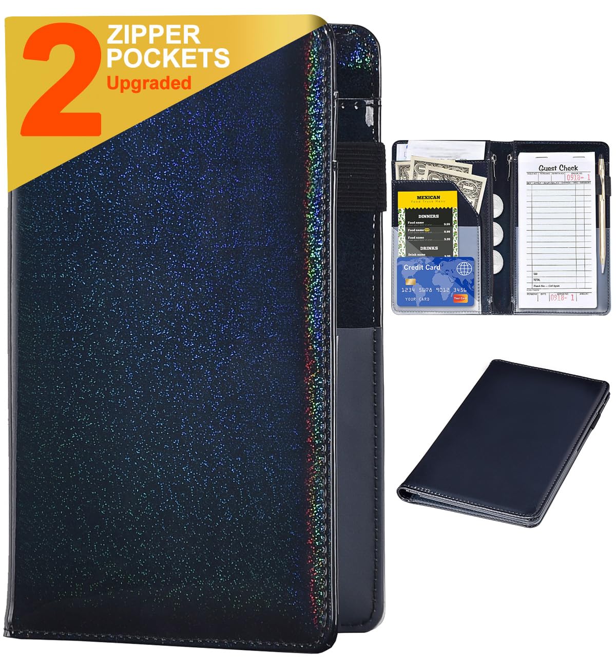 Server Books for Waitress - Glitter Leather Waiter Book Server Wallet with Zipper Pocket, Cute Waitress Book&Waitstaff Organizer with Money Pocket Fit Server Apron (Glitter Black)