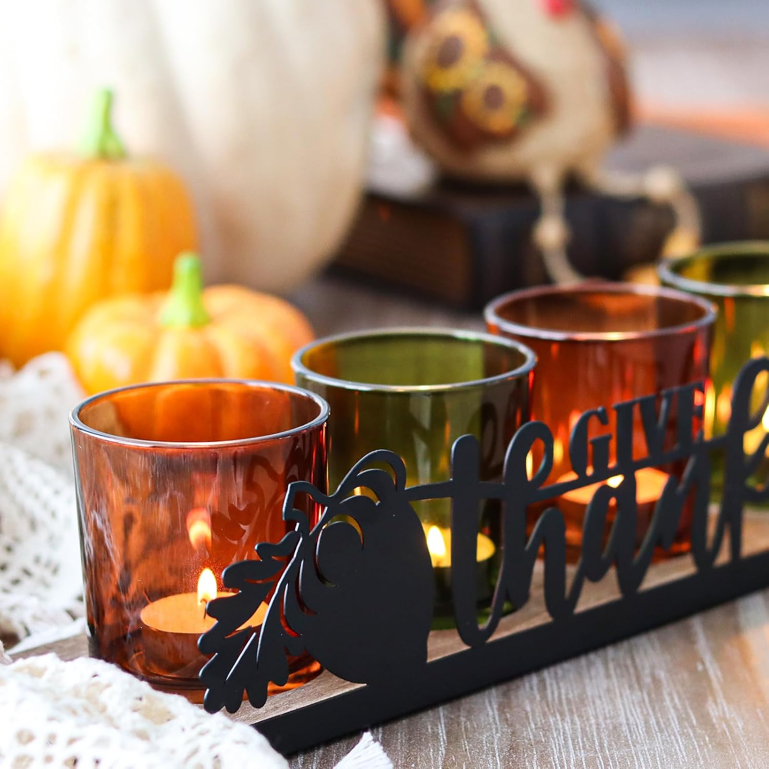 Thanksgiving Centerpieces Glass Tealight Votive Candle Holder Include 1 Candle Tray & 4 Candle Holders Fall Thanksgiving Table Decorations Indoor
