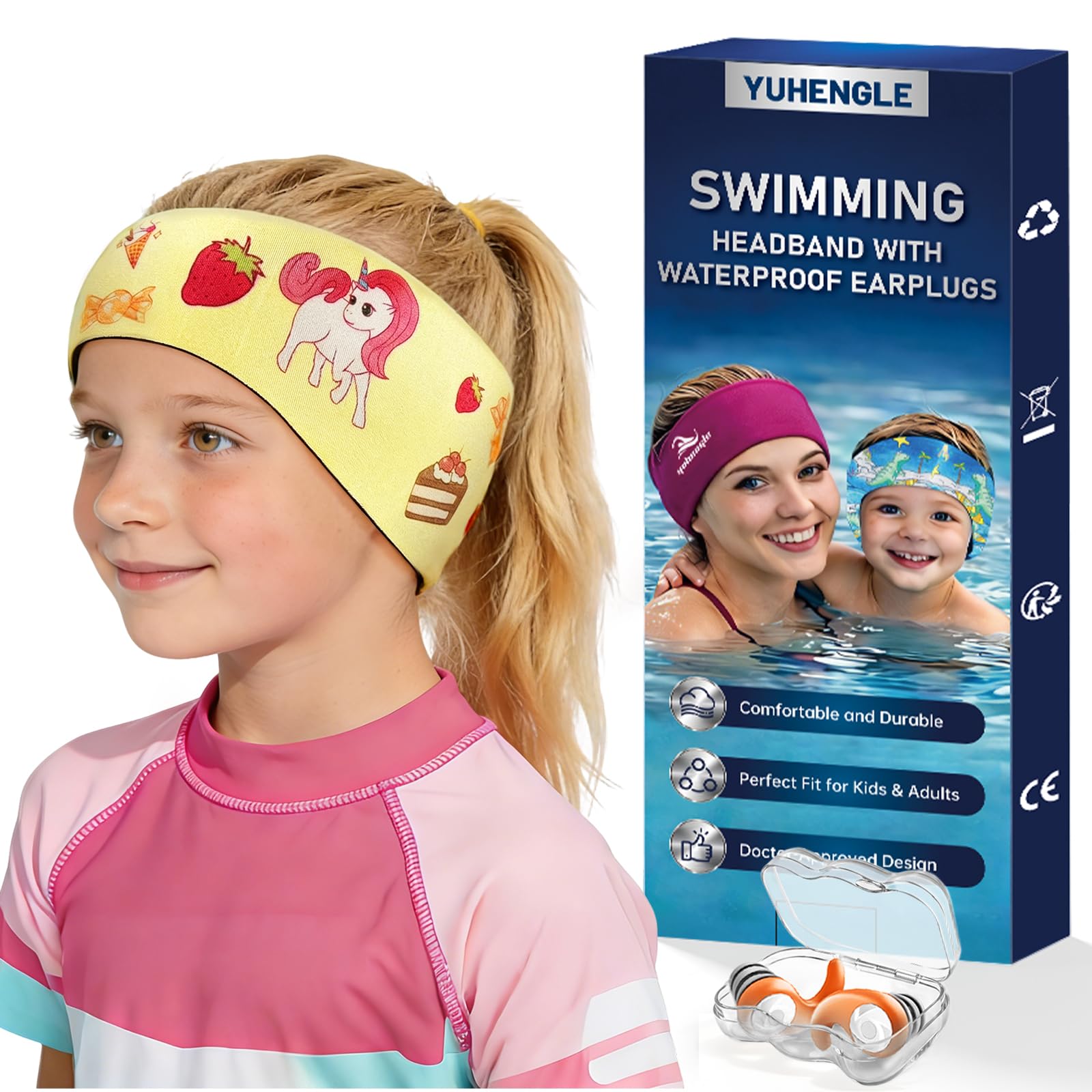 Schwimmen Stirnband für Kinder - 2 Paar Schwimm Ohrstöpsel & Neopren Schwimmband,Hohe Elastizität & Klettverschluss
