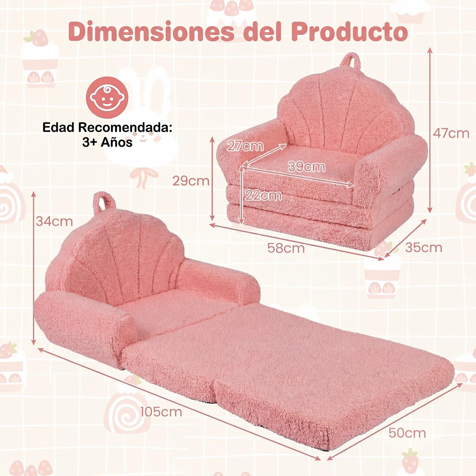 GOPLUS Sofá Plegable para Niños, Sofá Cama 2 en 1 con Funda de Forro Polar Lavable, Respaldo en Forma de Concha y Reposabrazos, Sillón Infantil de Espuma para Niños de 3+ Años (Rosa)