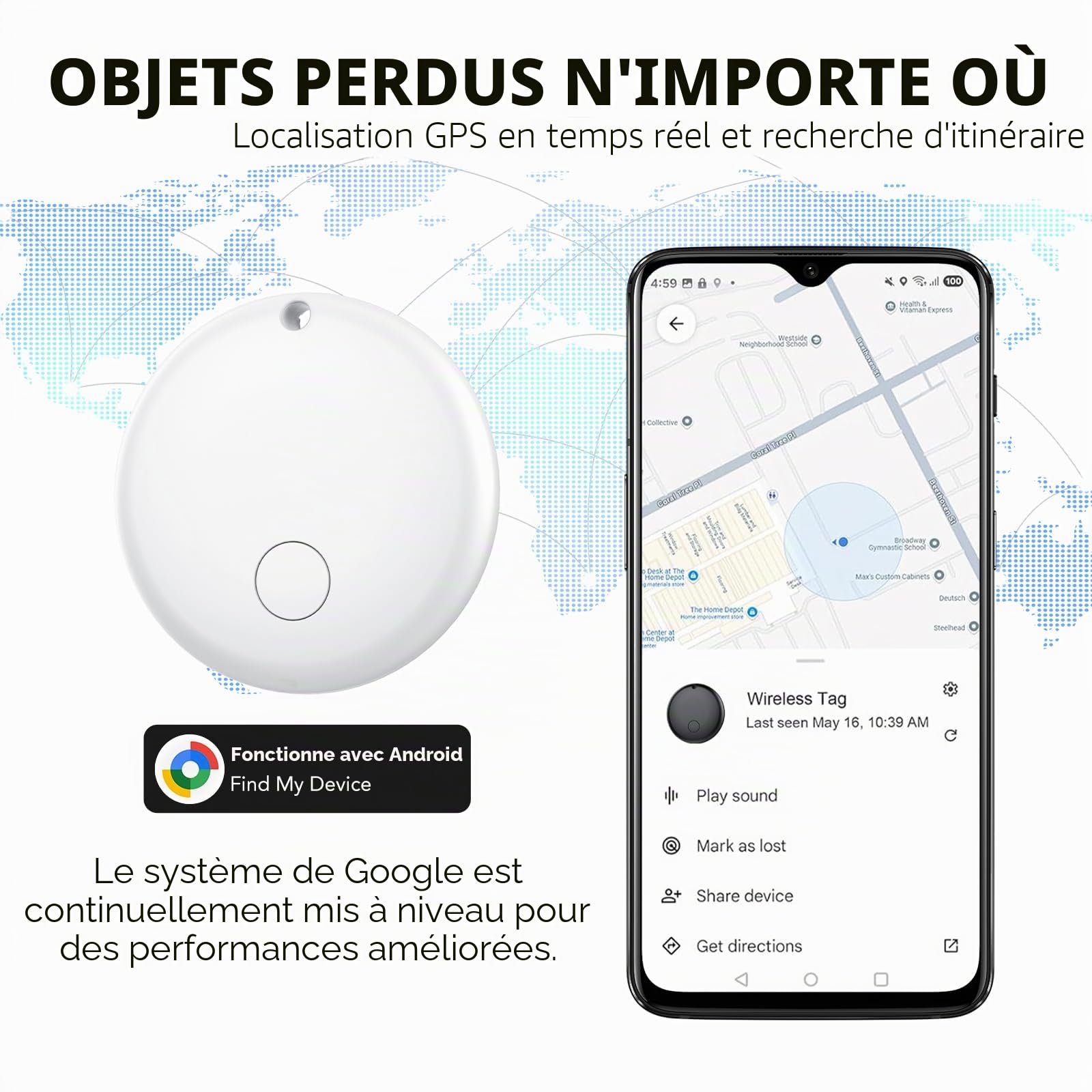 Android Smart Tag, Traceur Lot de 4, Fonctionne avec l’app Google Localiser (Uniquement Android), Équipé d'un Étui de Protection, IP68 Imperméable, pour Les clés/Portefeuilles/Valises, Blanc