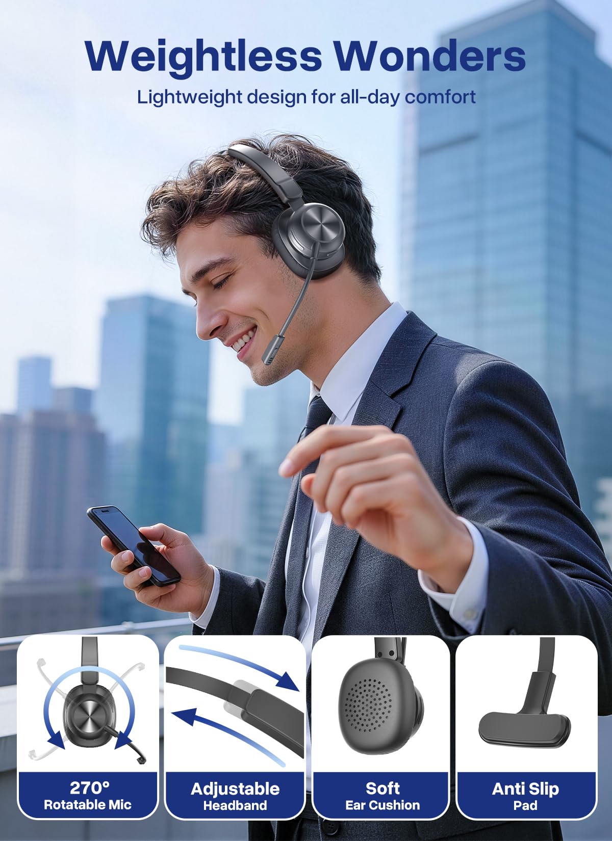 Bluetooth Headset with USB Dongle, Trucker Bluetooth Headset with AI Noise Cancelling Microphone & Mute Button, 50Hrs Single Ear Wireless Headphones for Truck Driver Phone Computer PC Office Work — view 6