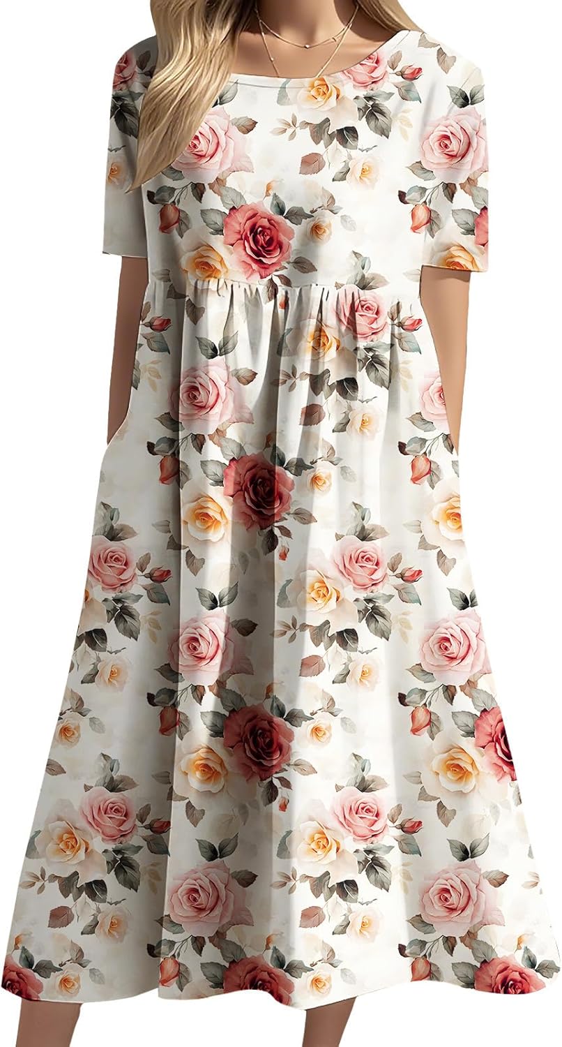 Women's Summer Floral Graphic Midi Dress Fashion Casual Loose Short Sleeve Crew Neck Dress Flowy Lightweight