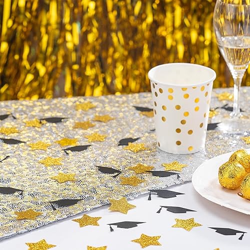 Miniatura 3 de MOWO Confeti de Decoración de Mesa con Estrellas Doradas y Gorros de Graduación Negros para Fiesta Temática de Graduación, 1.2 pulgadas de diámetro,