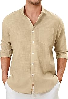 Chemise en Lin Homme Manches Longues Été Coton Chemises Henley Shirt de Couleur Unie Leger Respirant Casual de Plage S-4XL