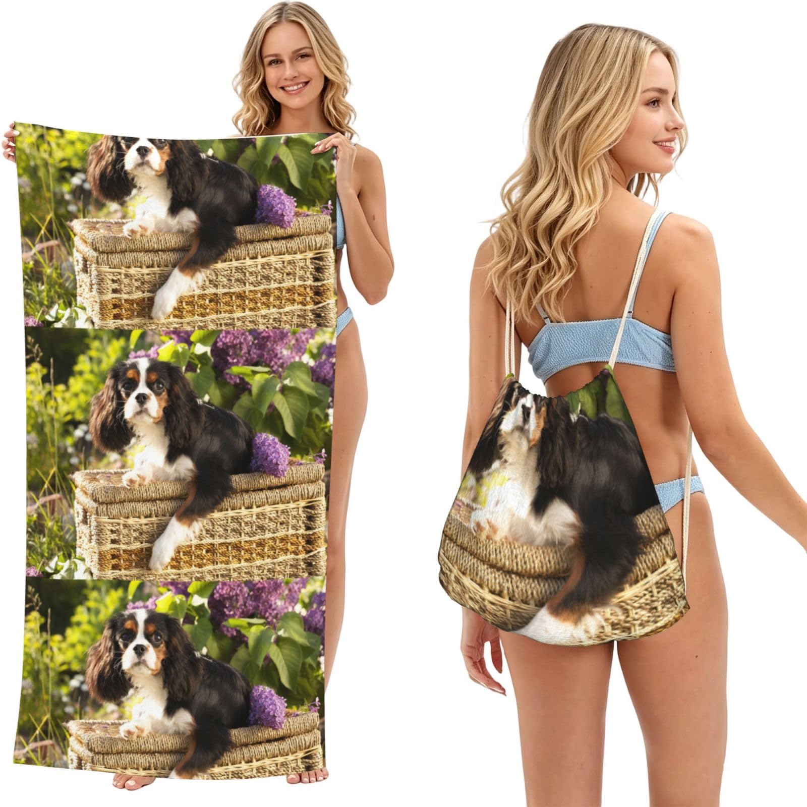 Poadnly As Picture Cavalier King Charles Spaniel, 2 In 1 Packable Towel Bag, Beach Towels With Drawstring Backpack For Travel Holiday Camping