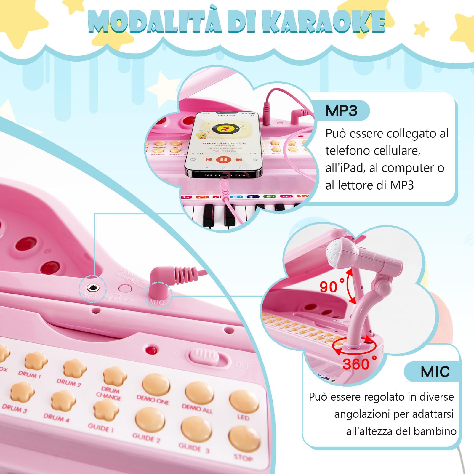 COSTWAY Tastiera Pianoforte a 31 Tasti per Bambini con Microfono e Sgabello, Tasti Giocattolo Portatile con Modalità di Insegnamento a LED, Pianoforte a Coda per Bambini 3+ Anni (Rosa)