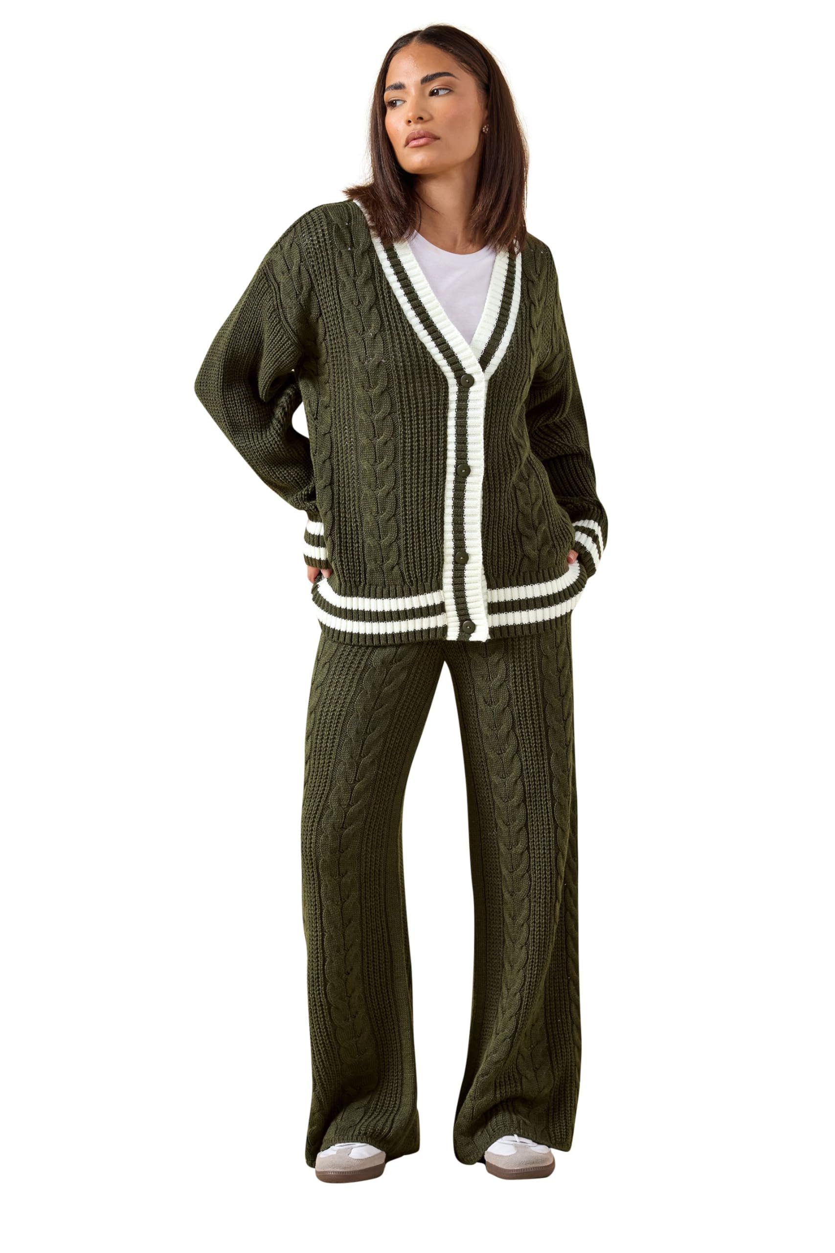 Pixiegirl Women's Dark Green Petite Cable Knit Trousers In | Size: 16/18