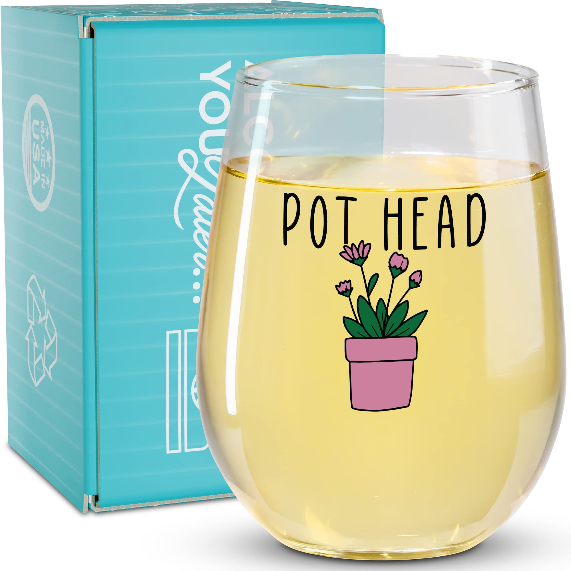 Funny Wine Glass Gift- 17 Oz Stemless Wine Glass (Pot Head)
