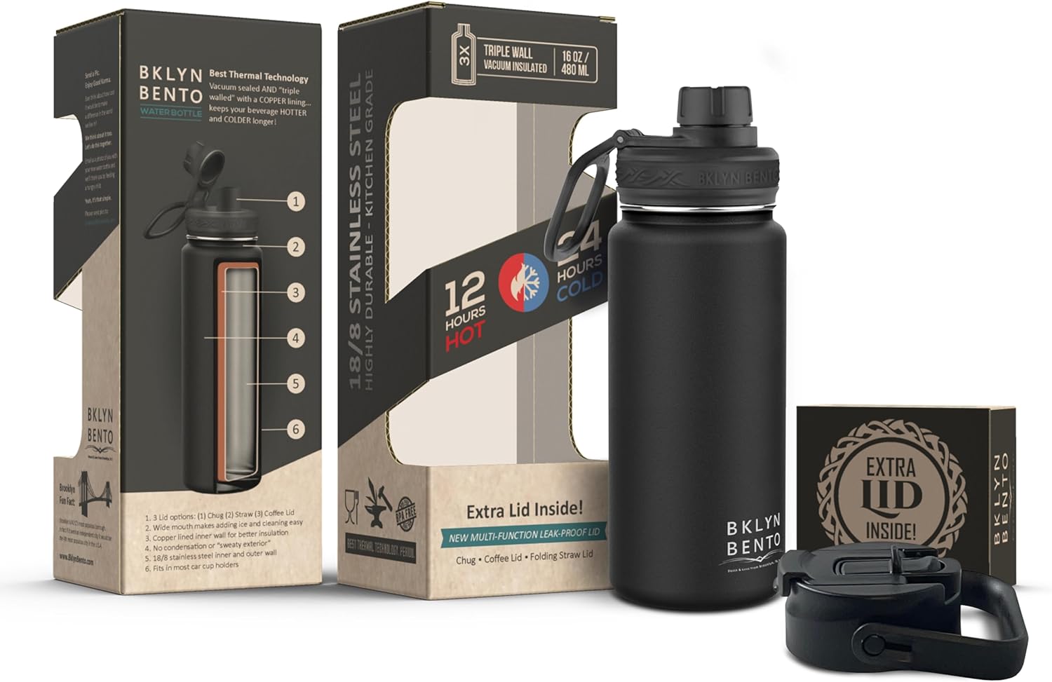 Water Bottle Stainless Steel Double Wall with 3 Leak-Proof Lids - Chug, Straw & Coffee Lid | Keeps Drinks Cold for 24 Hours and Hot for 12 Hours | BPA-Free Wide Mouth Metal Vacuum Flask (Black (24oz)