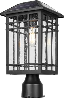 Solar Post Lights, Outdoor Post Lights Solar Powered, Waterproof Anti-Rust Black Post Lights with Seeded Glass, LED Solar Powered Lamp for Front Door, Porch, Garage, and Patio （Bulb Included）SR018-P