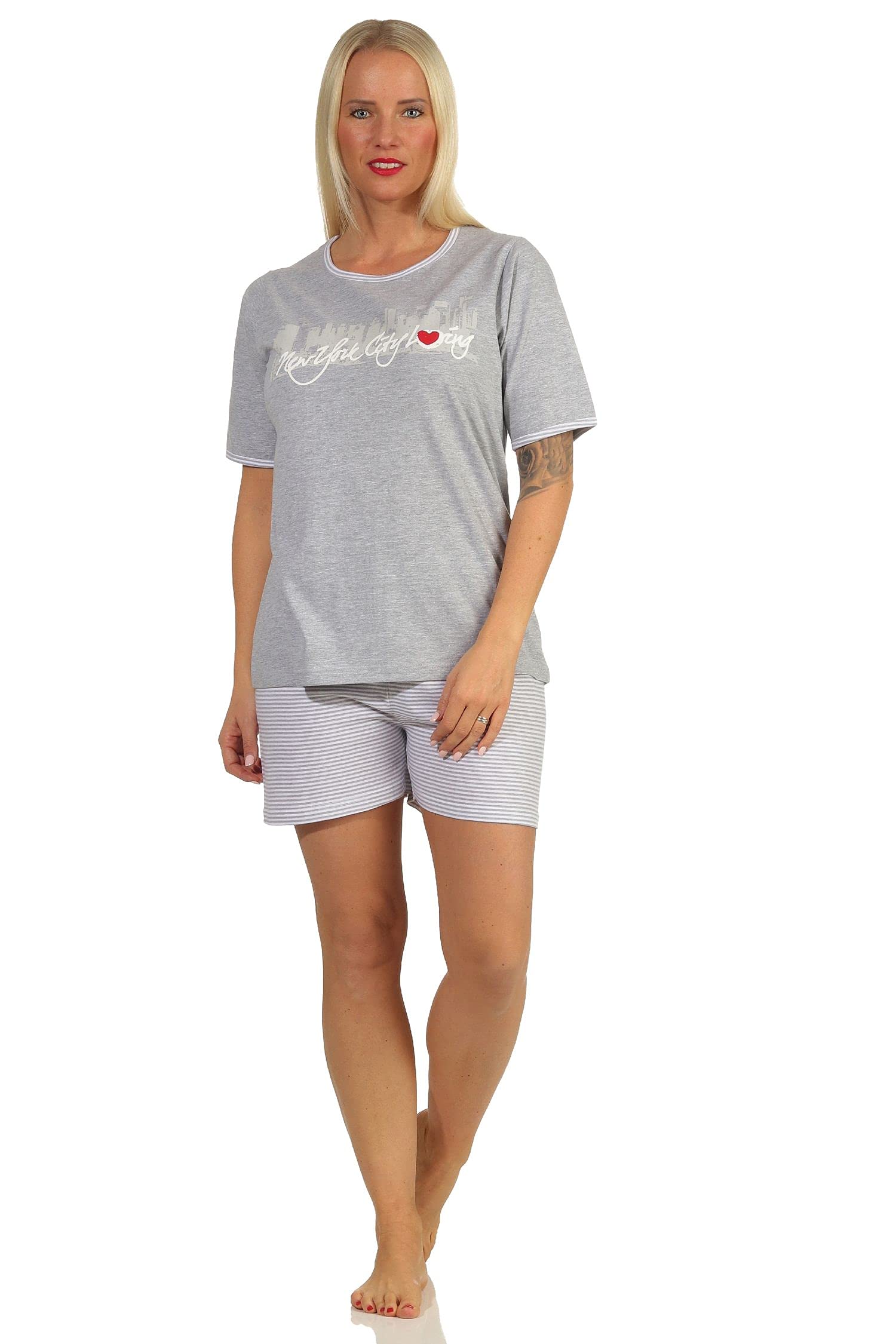 Pigiama Donna Normann Capri Con Pantaloni 3/4 – Grigio Mélange, Stampa 'New York City Loving', Taglia 46/48