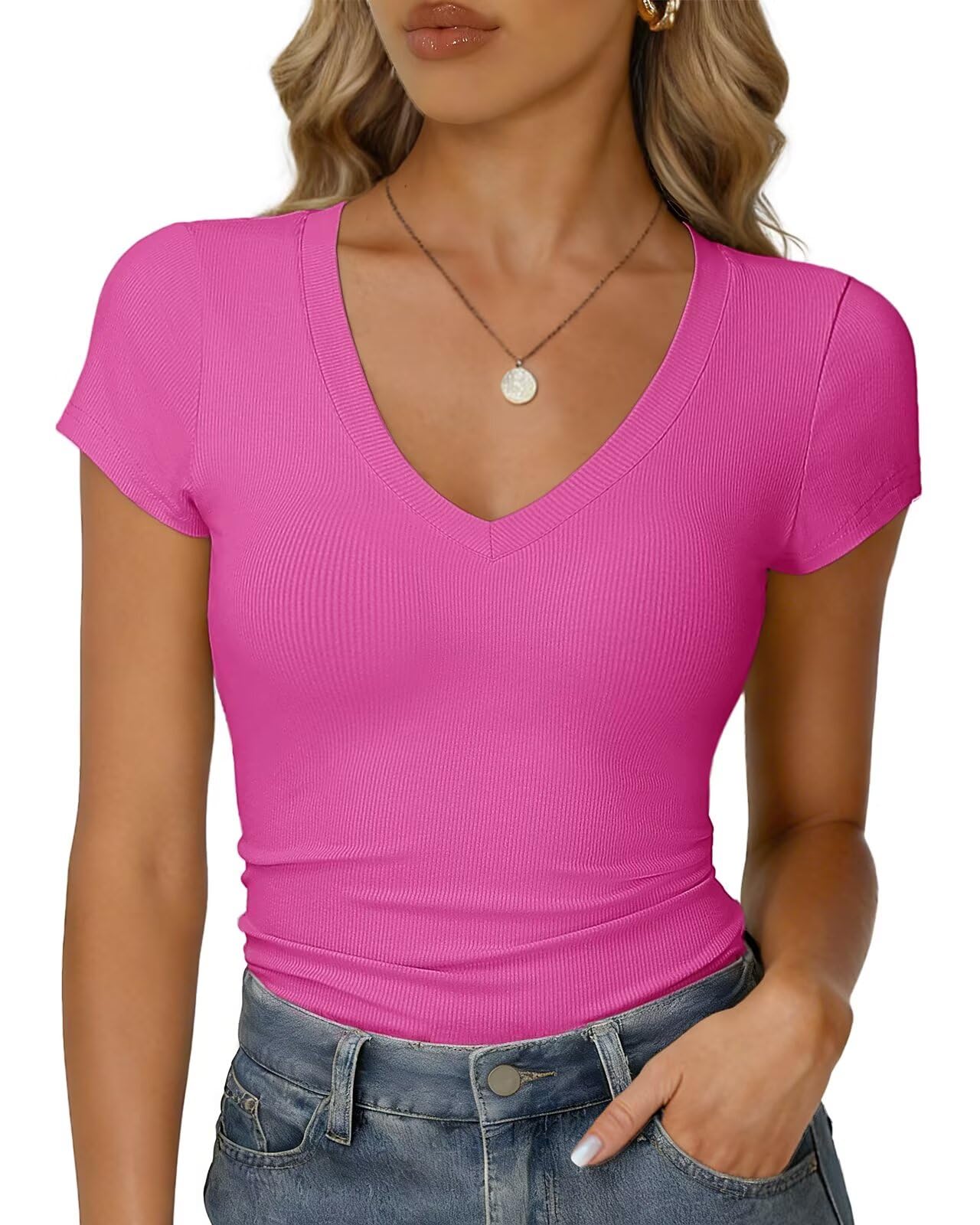 RIROW Damen Sommer T-Shirt Basic V-Ausschnitt Kurzarm Rippstoff Figurbetont Slim Fit Atmungsaktiv Elegant Y2K Top