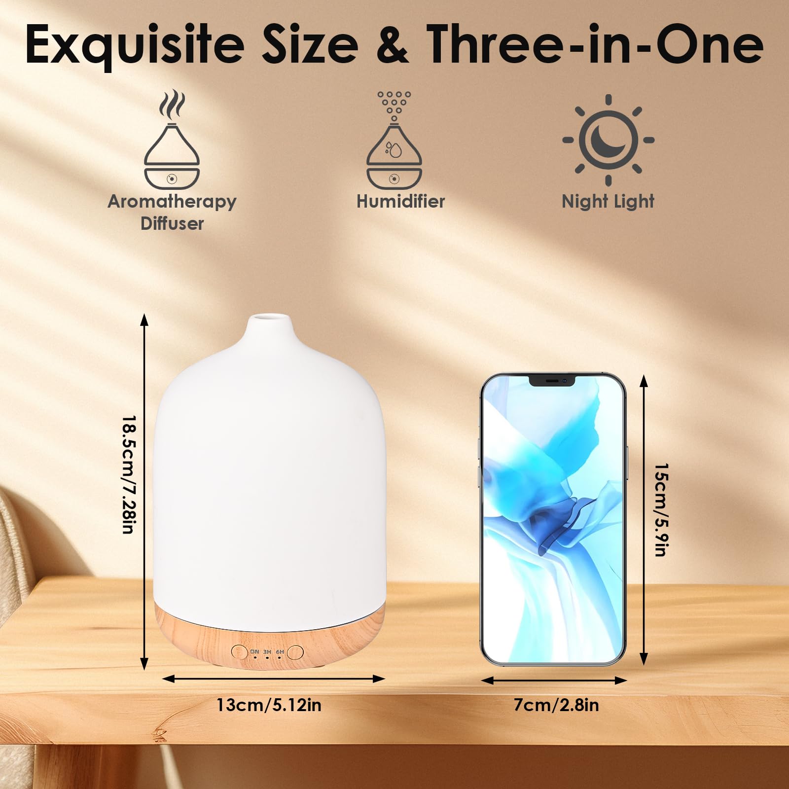 Dreamhigh® Diffusore di Oli Essenziali 250ML, Ceramica Ultrasuoni Diffusore Profumo Ambiente, 7 Diverse Luci Mutevoli/Spegnimento Automatico, Umidificatore Ambiente -per Spa,Yoga,Camera da Letto