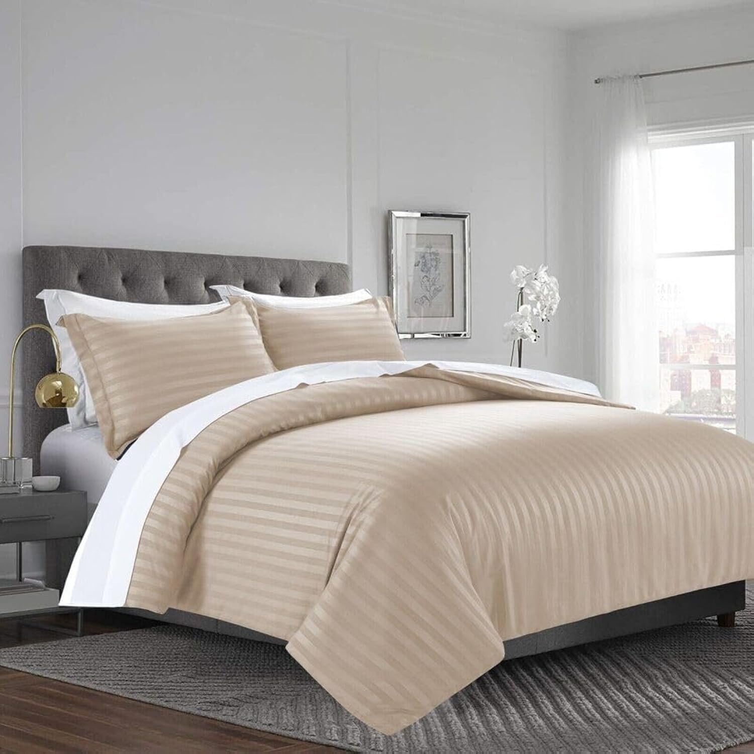 Hotel Duvet Cover Stripe 220x240cm King Size 3 Pcs Set - 1 Duvet Cover 220x240cm (Without Filling) - 2 Oxford Pillow Cases 48x74+5cm - Premium Quality Microfiber Stripe Duvet Cover set (Beige)
