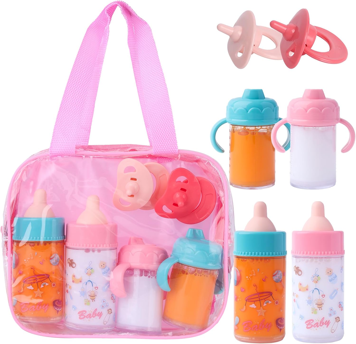 Baby Doll Feeding Set - Toddler Role Play Toys with 2 Milk Bottles, Juice Bottle & Pacifier in Transparent Portable Pouch, Realistic Liquid Drop Design for Girls 3 Year Old (C)