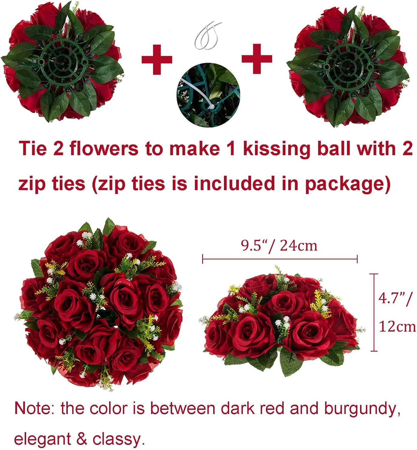 BLOSMON Flower Balls Wedding Rose Centerpieces: 2 Pcs Crimson Red Fake Flowers Kissing Balls Decor - Artificial Silk Roses Floral Arrangement Home Party Table DIY Decorations - Image 4