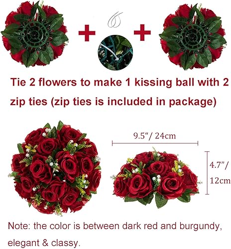 Miniatura 70 de BLOSMON Centros de mesa de flores para mesas de boda: 10 piezas de rosas artificiales rojas carmesí decoración de bolas - 9.5 pulgadas de seda falsa