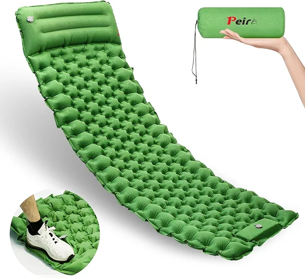 Peirhw Camping Sleeping Pad, Ultralight Camping Mat with Pillow Built-in Foot Pump Inflatable Sleeping Pads, Compact Sleep Pad for Camping Backpacking Hiking Traveling