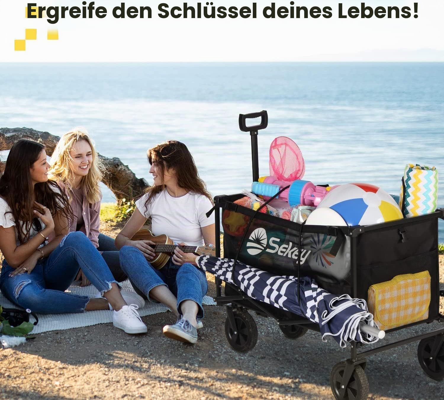 Sekey XXL Bollerwagen Faltbar 160L 100KG Belastbar, Faltbarer Bollerwagen Geländetauglich, Klappbarer Handwagen Strand Camping Einkaufen, XXL-Sieger 3011, Schwarz