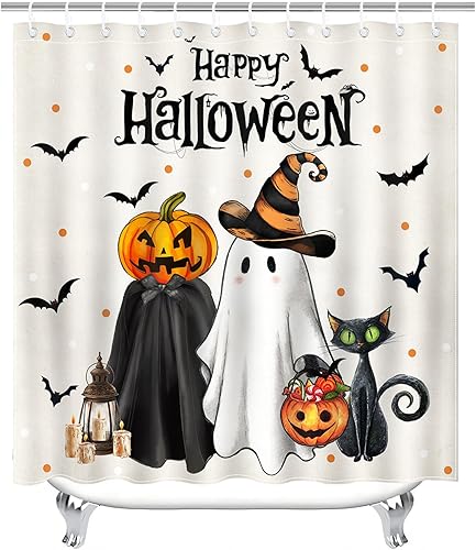 Miniatura 8 de Mocsicka Juego de cortinas de ducha de Halloween para baño, 4 piezas, fantasma, gato, calabaza, juegos de baño con alfombras antideslizantes,