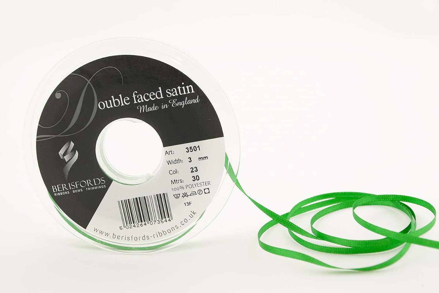 Berisfords Double Satin Ribbon, Emerald, 30 m, Green, 3 mm