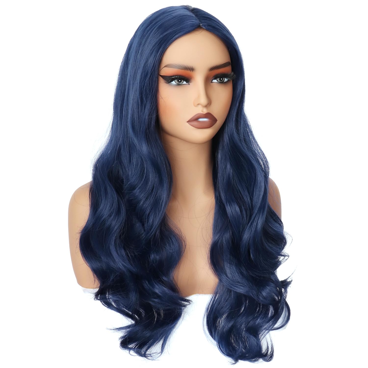 Colorfulpanda Long Dark Blue Wavy Wig for Women Girls,Natural Curly Heat Resistant Synthetic Hair Middle Part Full Wig for Halloween Costume Cosplay Party or Daily,25inch - Image 3