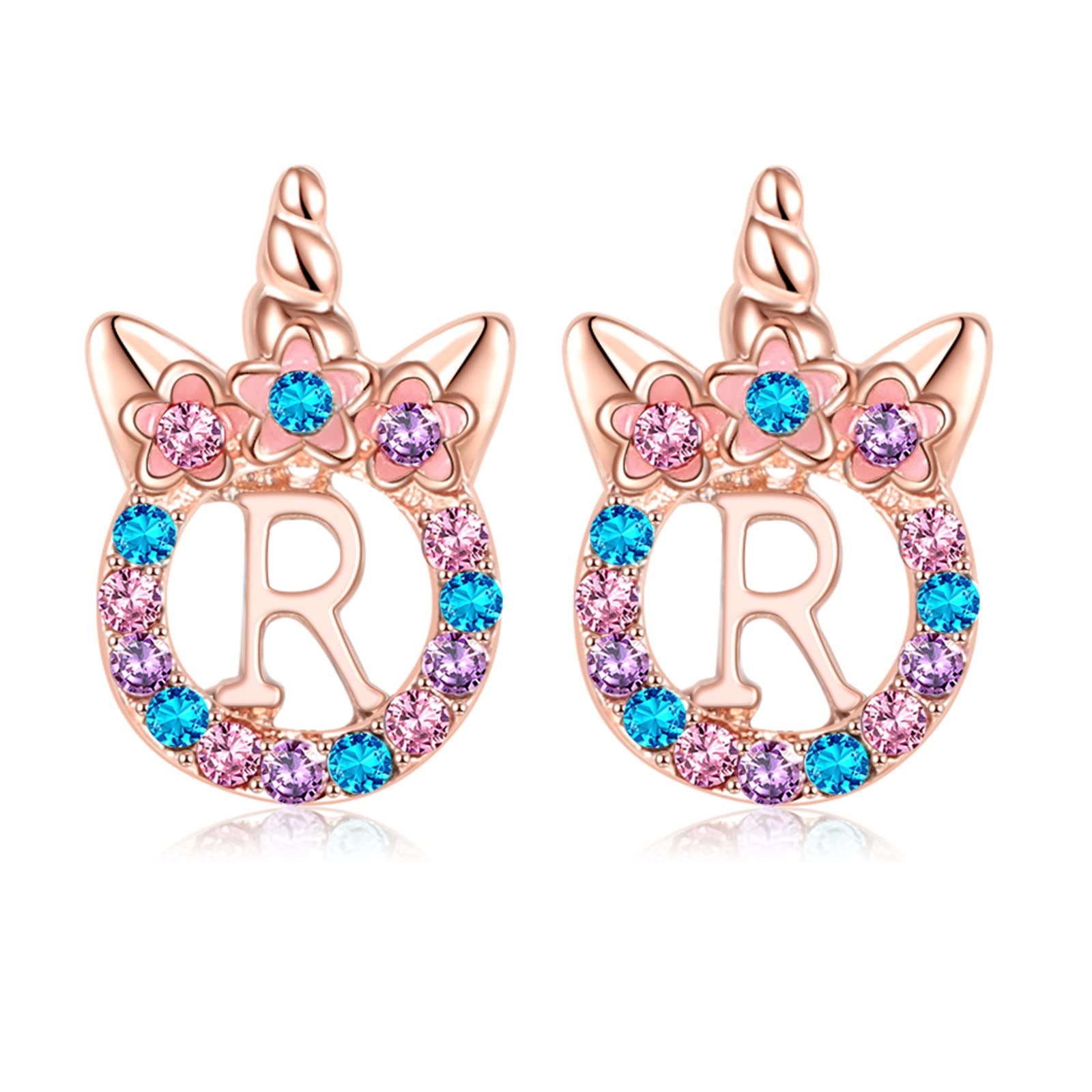 TRWWELL Cute Initial Unicorn Hypoallergenic Stud Earrings Rhinestone Initial Letter Stud Earrings for Girls Unicorns Jewelry Gifts for Kids