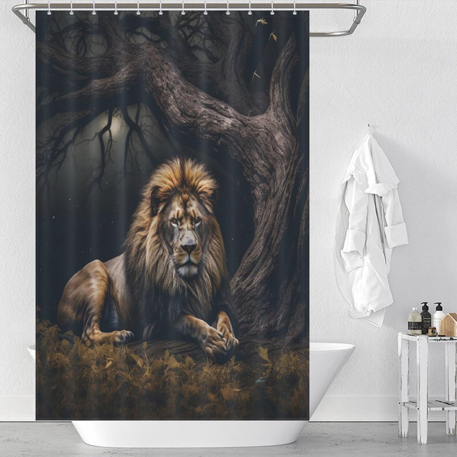 Rideau de douche lion en tissu imperméable et lavable 122x183cm pour baignoire