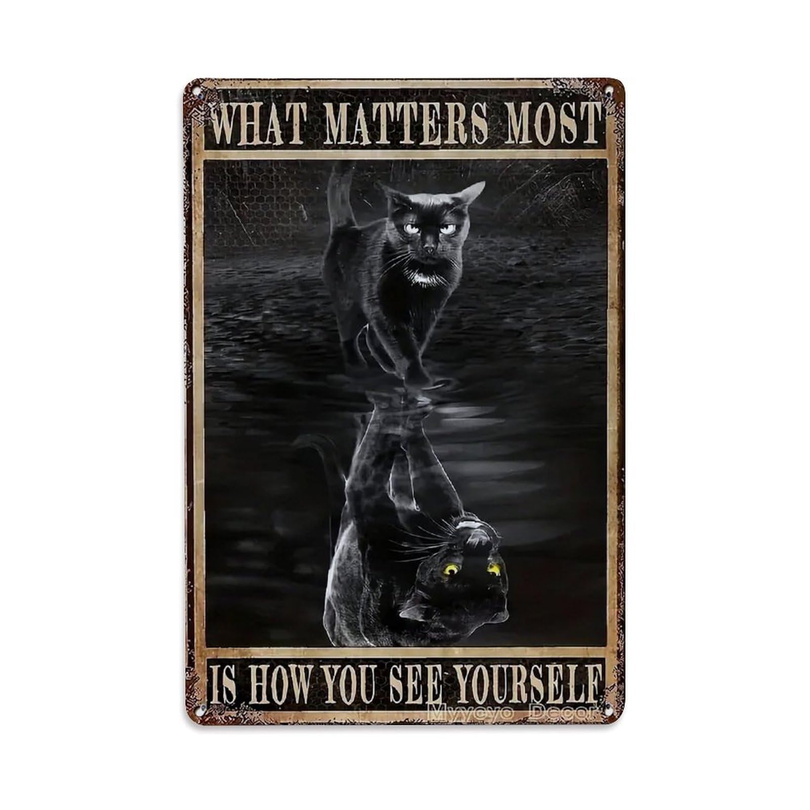 Nestemfo Vintage Black Cat Reflection Self Image Art Tin Sign Metal Sign, Living Room,Bar, Home, Bedroom Wall Decor,Retro Metal Poster 8X12 Inches