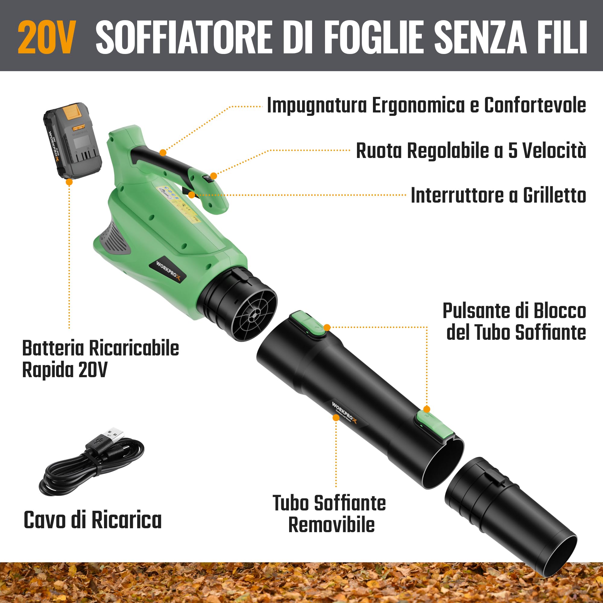 WORKPROX Soffiatore per Foglie, Soffiatore a Batteria 20V, con Potente Flusso d'Aria 144 KM/H, Capacità 850 M³/H, Controllo a 5 Velocità, Soffiatore per Giardinaggio | con Potente Flusso d'Aria 144 KM/H, Capacità 850 M³/H, Controllo a 5 Velocità, Soffiato