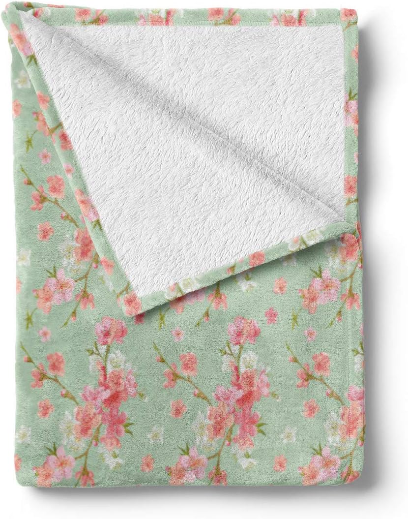 Lunarable Shabby Flora Throw Blanket, Flowers of Spring Flourishing Nature Branches Vintage Inspirations, Flannel Fleece Accent Piece Soft Couch Cover for Adults, 50" x 70", Blush Rose Seafoam