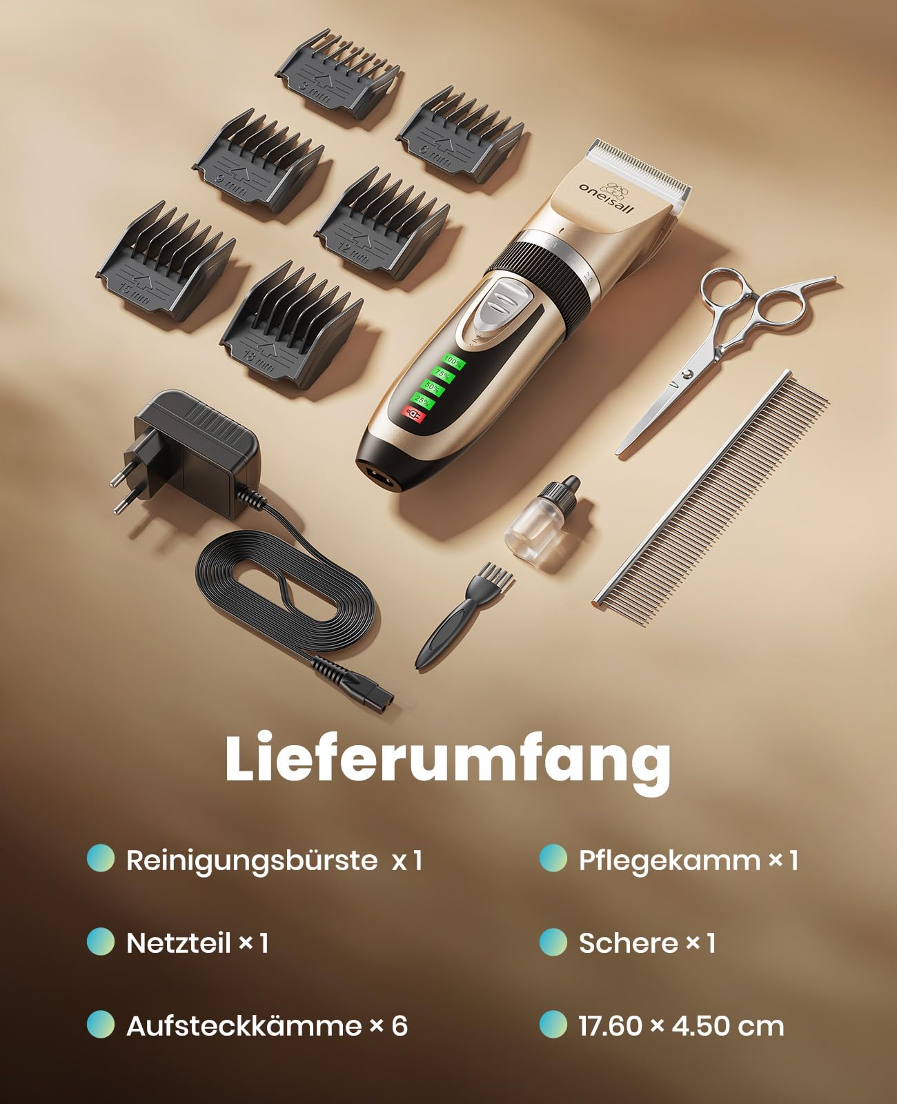 oneisall Leise Hundeschermaschine, 2000mAH 4h Laufzeit Schermaschine Katze Hunde dichtem Fell, Hunde Haarschneidemaschine Tierhaarschneidemaschine Hunderasierer Langhaar(Gold)