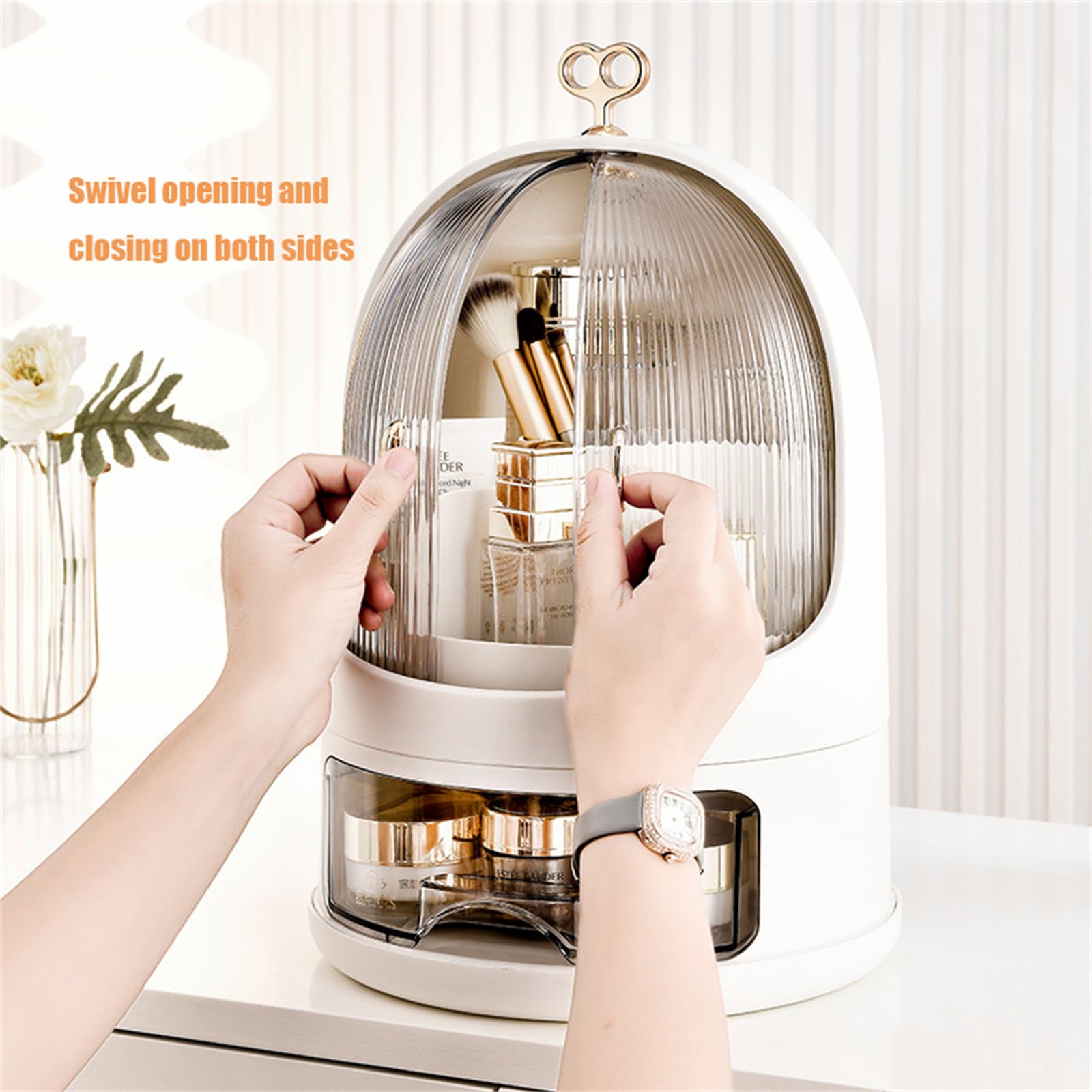 Organisateur de maquillage portable pour les soins de la peau, boîte à cosmétiques, organisateur de tiroir de maquillage avec couvercle anti-poussière (blanc perle)