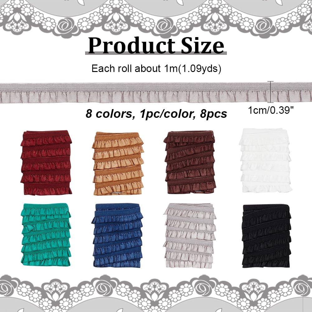 NBEADS 8.7 Yards Elastic Pleated Lace Trim, 3/8 inch Wide Tiny Stretchy Ruffles Narrow Ruffle Edge Lace Ribbon Mini Lace Decoration for Clothes Decoration Sewing Craft Supply, Dark Color Scheme