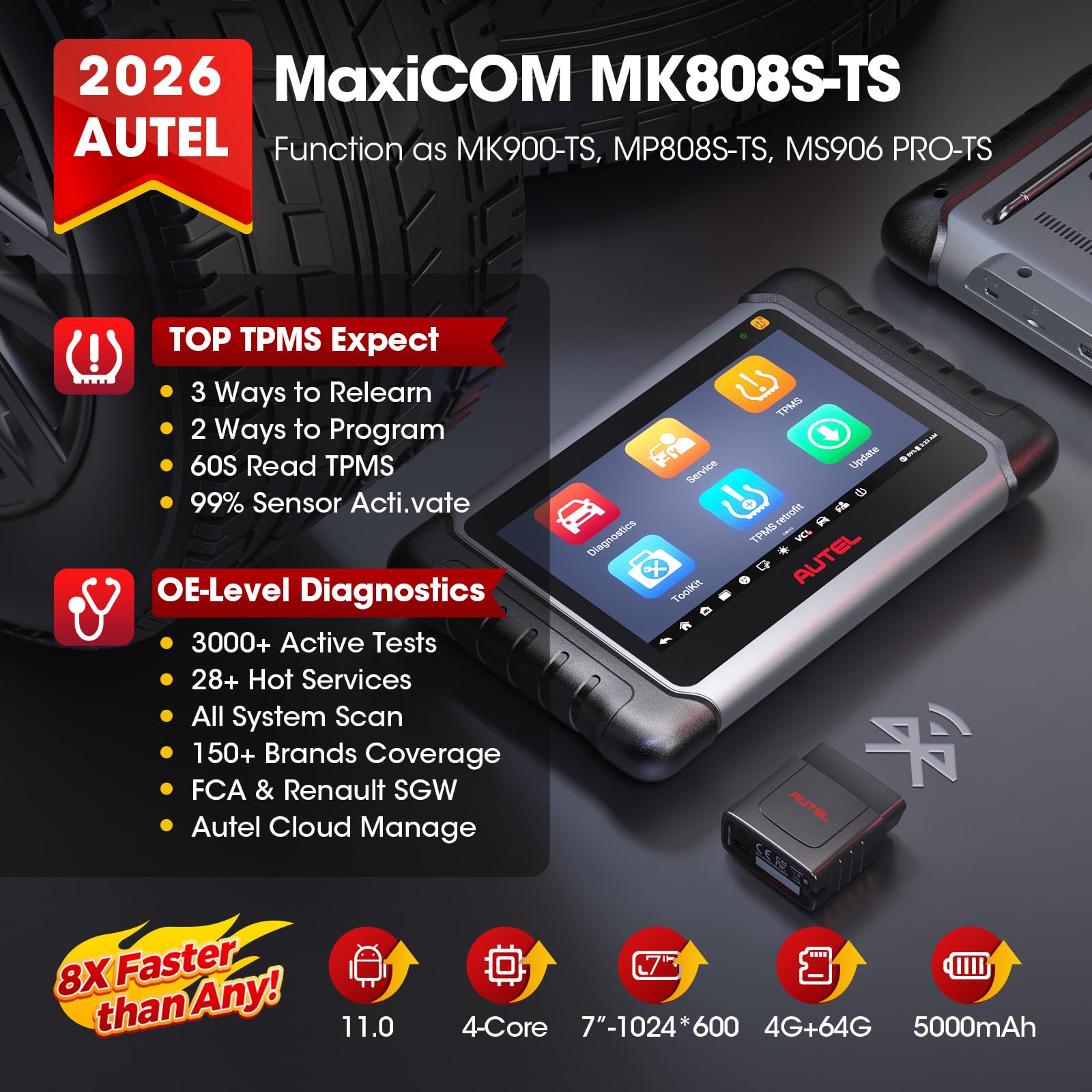 Autel MaxiCOM MK808S-TS Scanner, TPMS Completa Comprobar/Activar/Reaprender, MX-Sensores de Programación, BT Sistemas de Diagnóstico Completo, Prueba Activa, 28+ Servicios, AutoAuth para FCA SGW