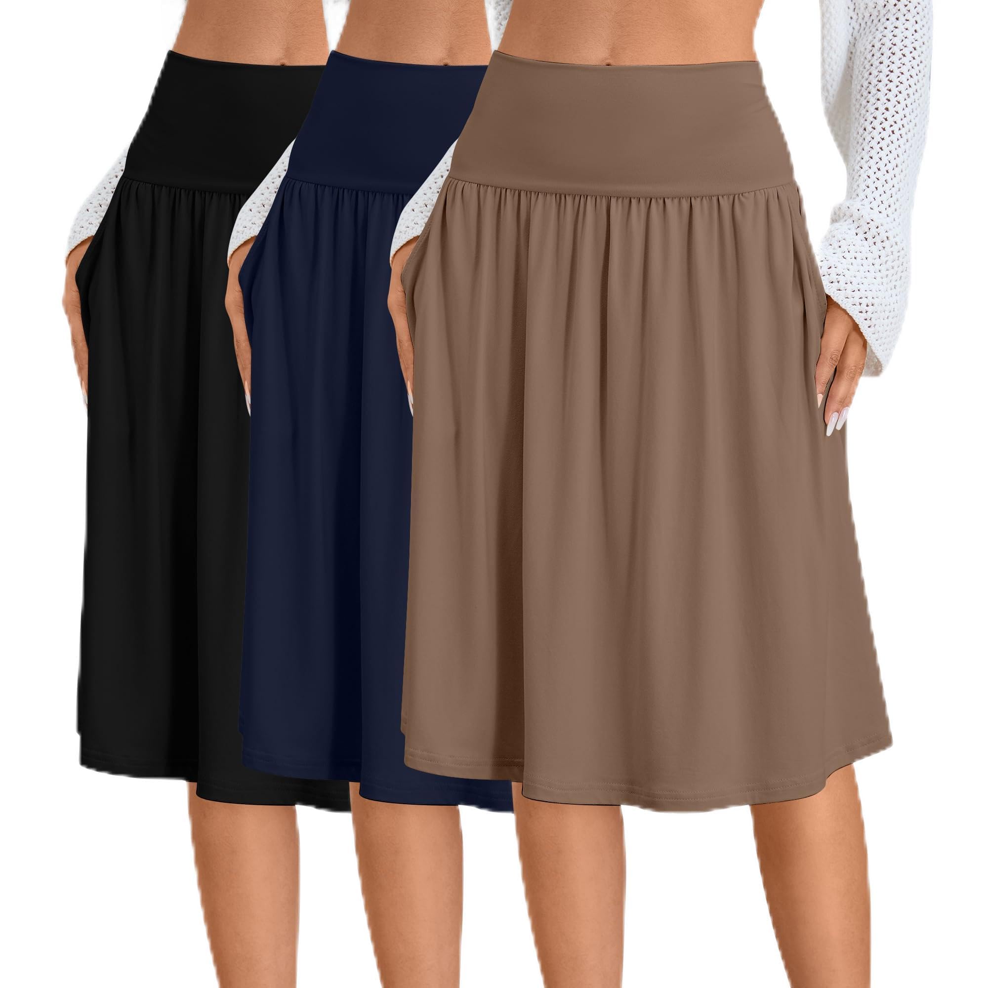 Ficerd 3 Pack Womens Knee Length Casual Skirts with Pockets Flared High Waisted Midi Pleated Flowy a Line