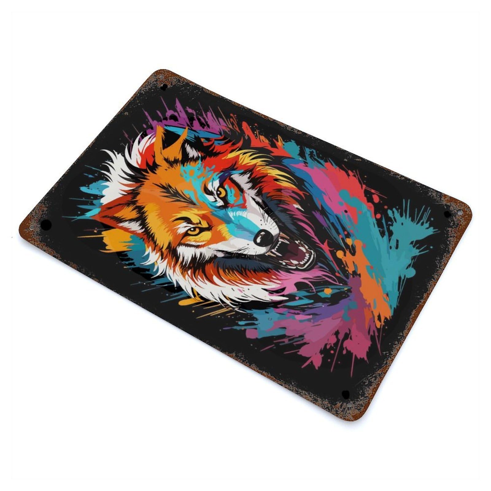 Retro Metal Sign with Wolf Head Graffiti Style Design 11.8"x7.9", for Living Room, Hallway And Home Decor, Farmhouse Wall Decor