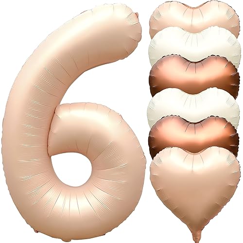 Jonhamwelbor 40 inch Caramel Number 6 Balloon Retro Large Big Jumbo Giant Foil Helium Mylar Number Balloon with Heart Balloons for Girl 6th Six Year Old Birthday Party Decor (40 inch Beige 6)