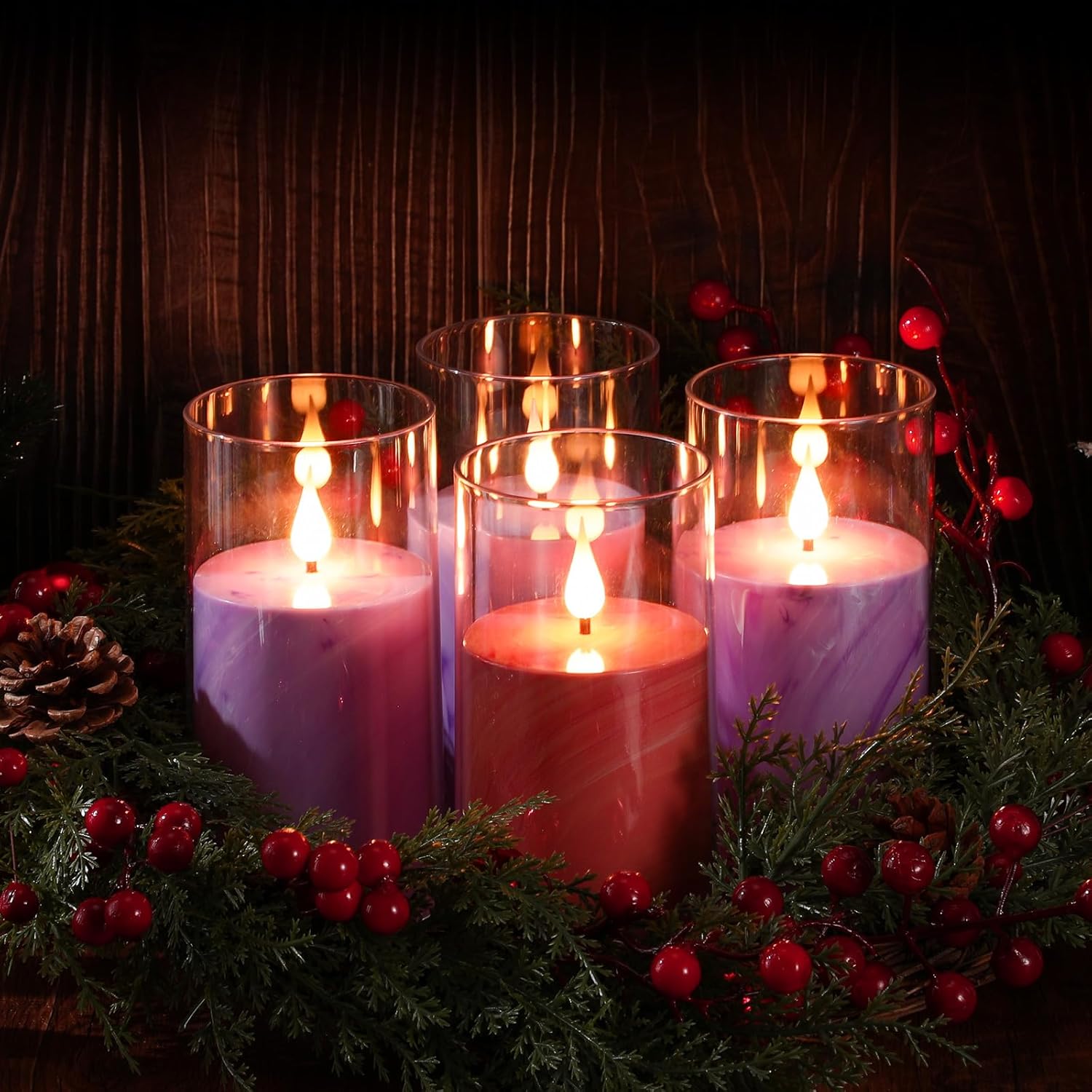 BBTO Christmas Flameless Advent Candles Set of 4, LED Advent Pillar Candles Battery Operated Purple Pink Acrylic Flameless Votive for Seasonal Celebration Rituals Festival Church Decor(3 x 5 Inches)
