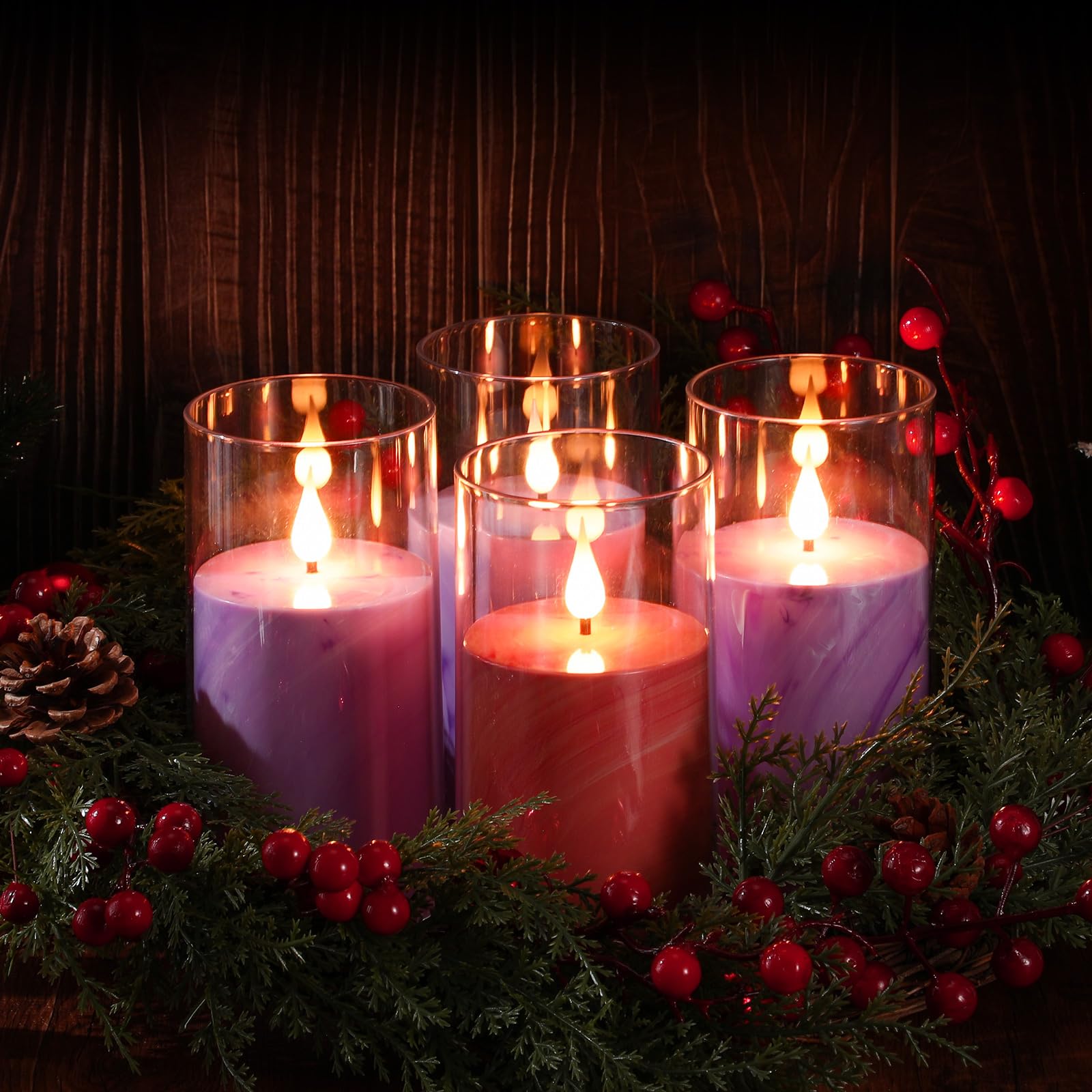 BBTO 4 Pcs Flameless Advent Candles LED Taper Advent Candles 3 Purple and 1 Pink Flickering Fake Candle Sticks Battery Operated for Christmas Catholic Wreath Church Decor(5 Inches,Rustic Pillar)