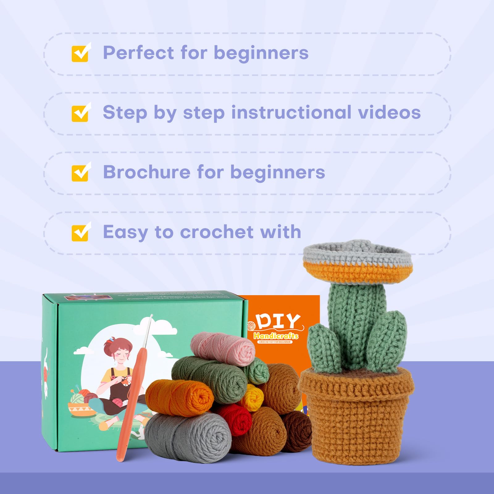 JasCherry Kit de crochet, kit de animales para principiantes adultos, regalo de crochet DIY con video instructivo paso a paso, hilo suave, manualidades de tejido - Cactus