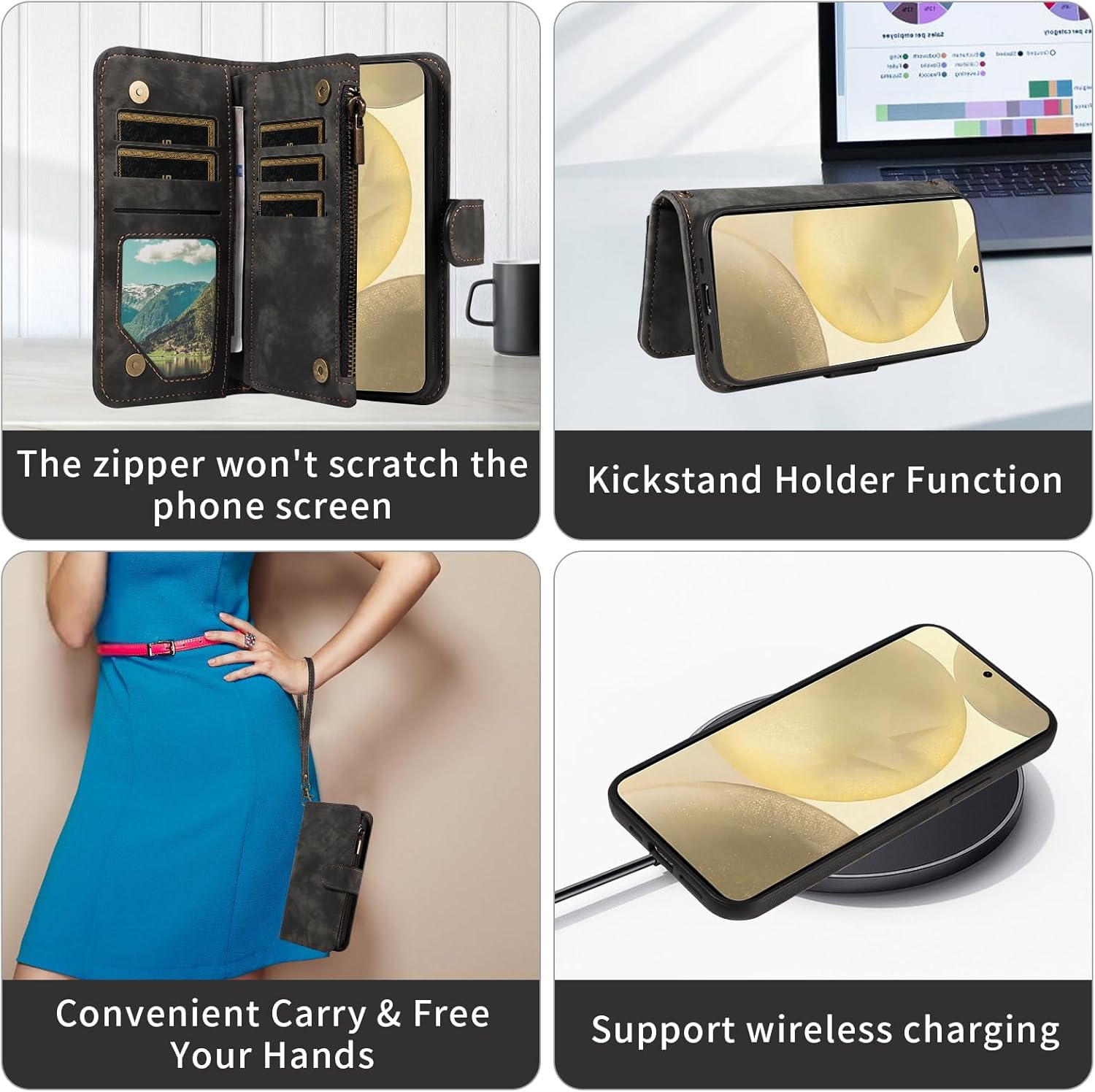Asuwish Phone Case for Samsung Galaxy S24/S25 5G Zipper Wallet Magnetic Cell Cover with Tempered Glass Screen Protector Crossbody Wrist Strap Flip Credit Card Holder Purse S 24 25 Women Girls Black