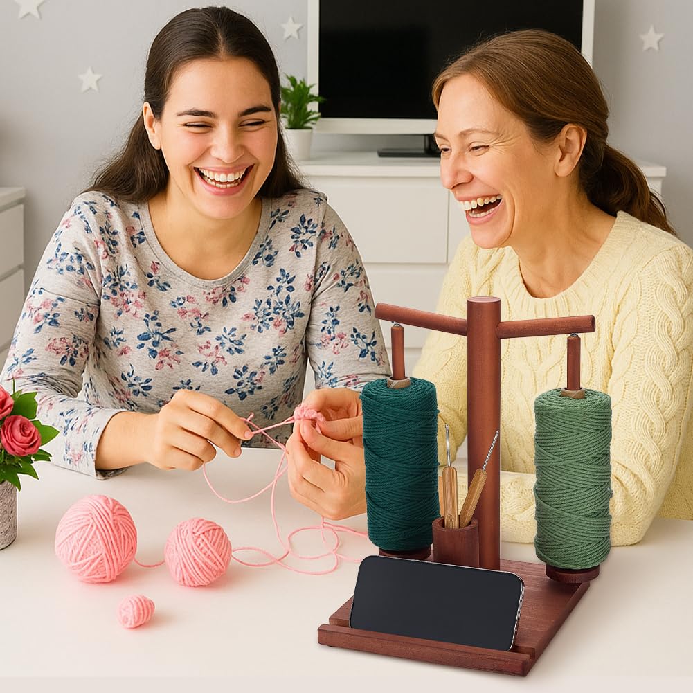 PH PandaHall Porta Filato Doppio in Legno Supporto per Gomitoli di Filato per Uncinetto e Maglia, Rosso Scuro Filatore Stabile con Base Organizer per Riporre Filati per Lavori Artigianali in Casa