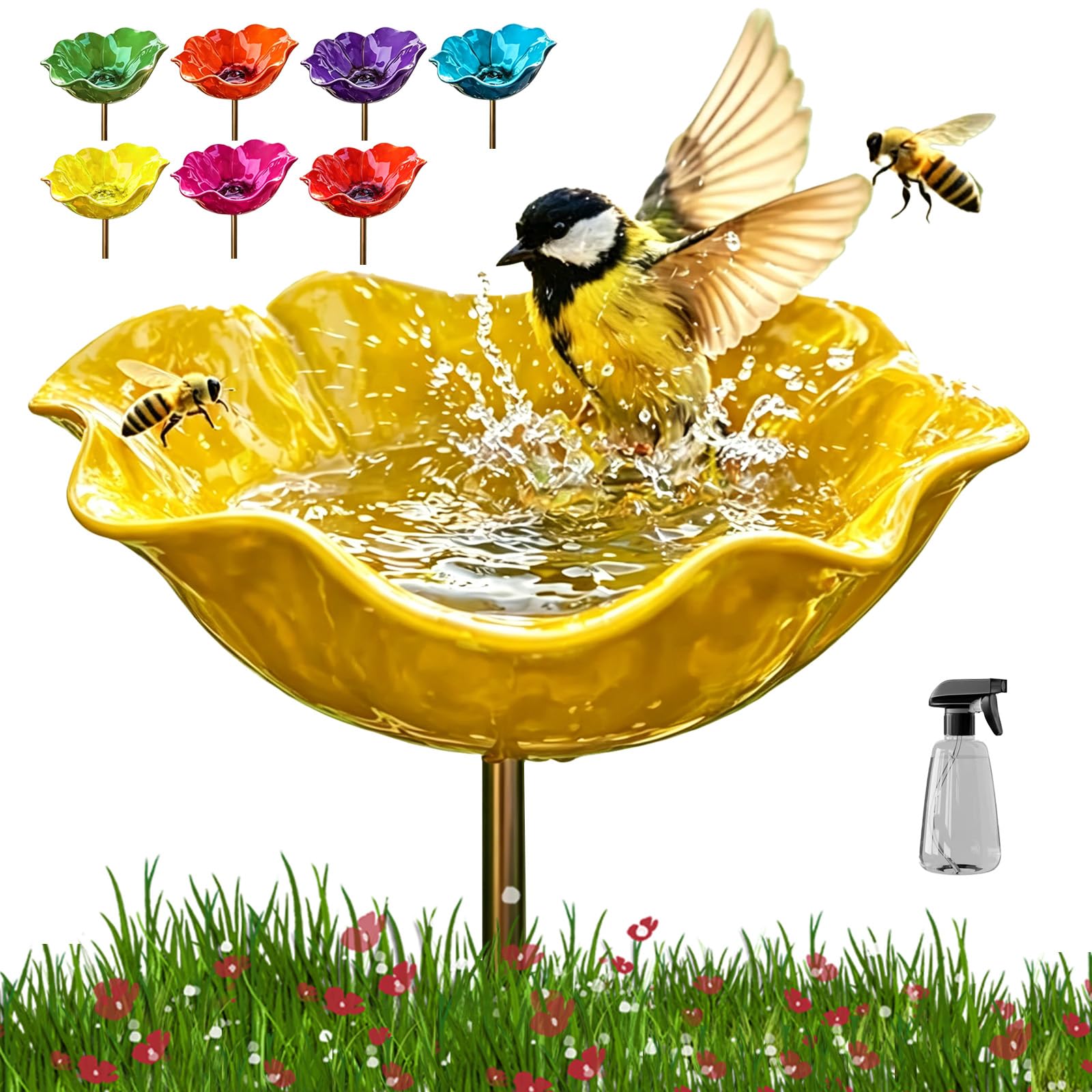 Handmade Metal Flower Garden Stake, Flower-Shaped Bird Bath & Bird Feeder for Nature Lovers, Colorful Butterfly Bee Watering Station for Outdoor Garden Lawn Yard Patio Landscape Decor (Yellow)