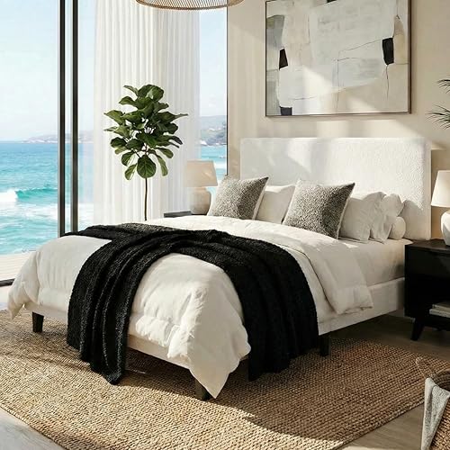 Miniatura 10 de SHA CERLIN Base de cama de plataforma de tamaño matrimonial con cabecera ajustable y soporte de listones de madera, base de colchón tapizada Boucle,