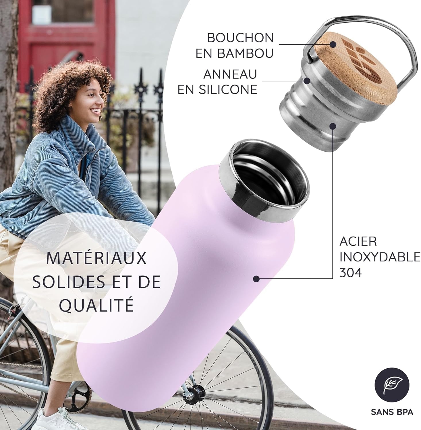 Gourde Isotherme Bambaw 500ml En Inox - Garde Le Chaud 12h, Le Froid 24h - Sans Plastique, Couleur Lilas Clair - 12