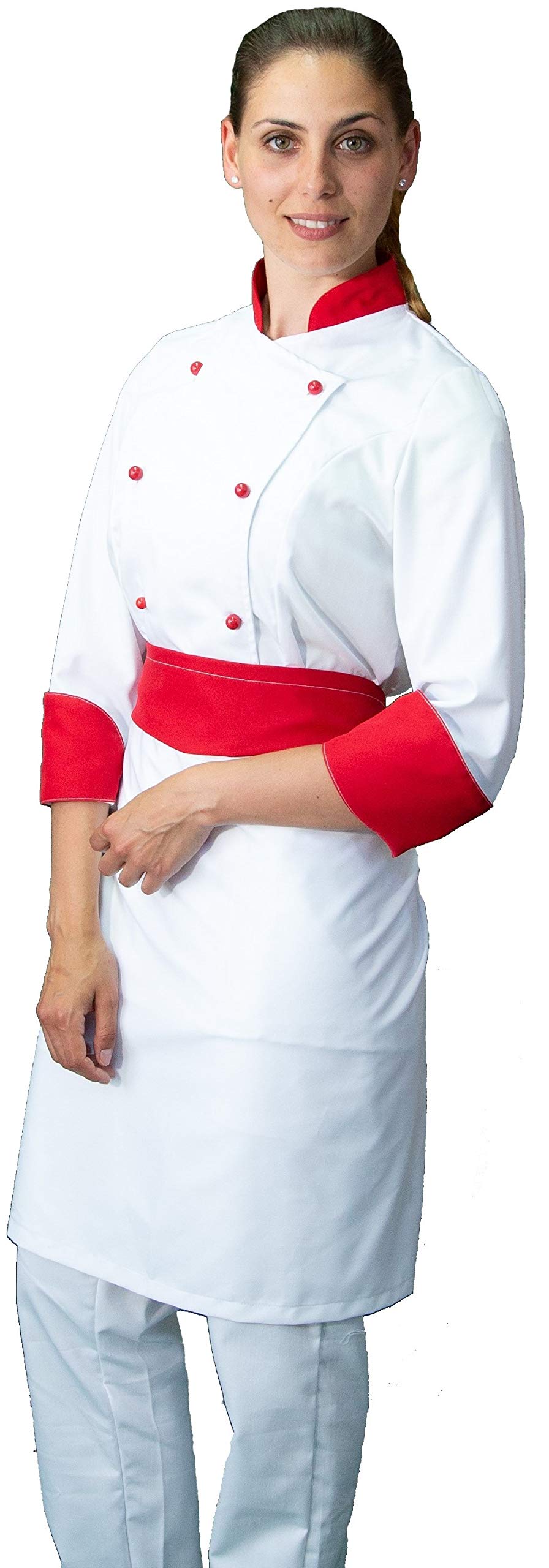 RICAMO GRATUITO - Divisa Cuoco Donna - Bianca e Rossa - 3PZ - Giacca, Pantalone e Grembiule - Completo per Cucina e Ristorante - Made in Italy