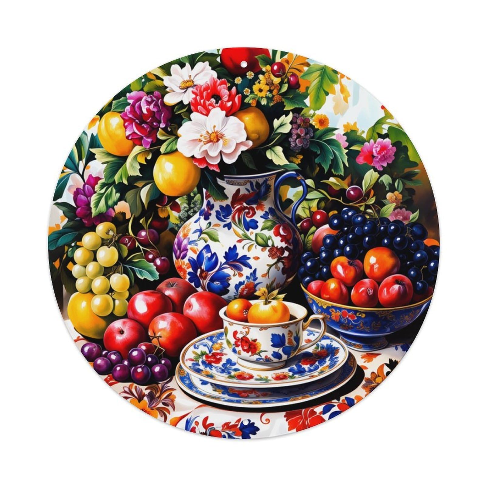 Floral Fruit Vase Tea Set Round Tin Sign Retro Metal Sign for Cafe Bar Pub Home Game Room Gym Club Wall Decoration Vintage Metal Poster 8x8 Inch